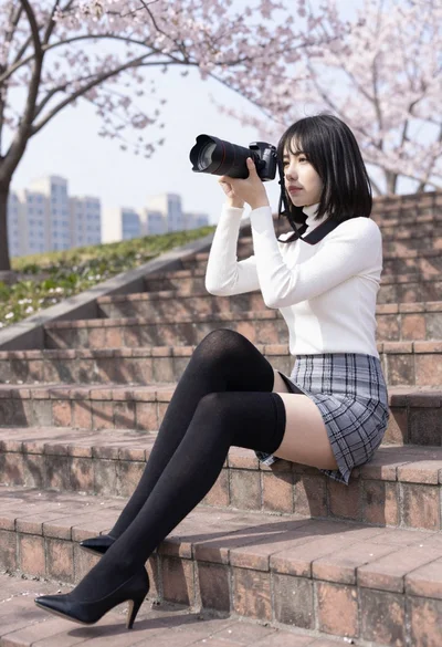Young woman taking photo sitting on wide brick steps near cherry blossoms
