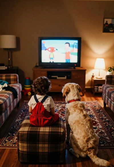Toddler and labrador watching tv in cozy living room