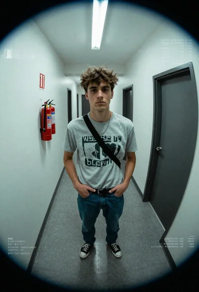 Young man in grey tshirt standing in sterile institutional hallway
