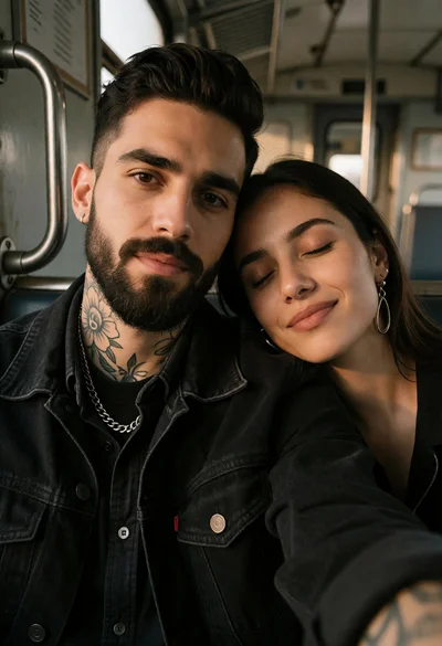 Closeup selfie of couple inside a train carriage with soft natural light