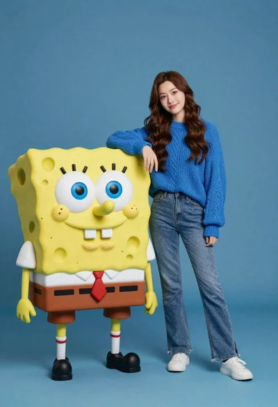 Young woman in blue sweater standing next to spongebob statue on blue