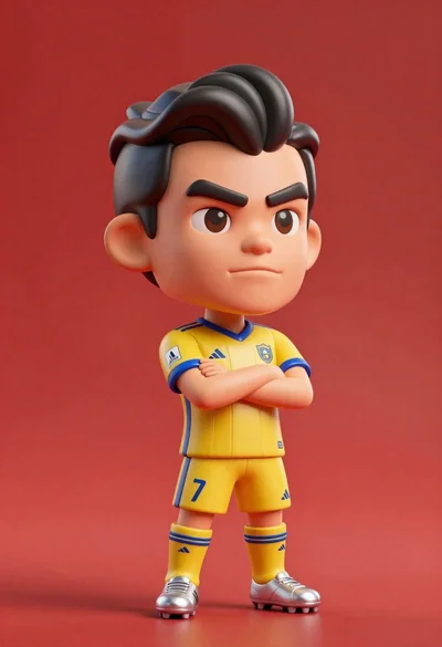 Stylized bobblehead soccer player in yellow jersey standing confidently against red background