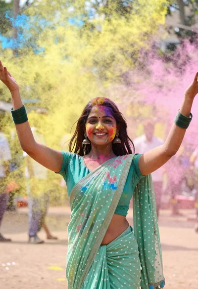 Young woman in traditional saree celebrating with vibrant colored powder explosion