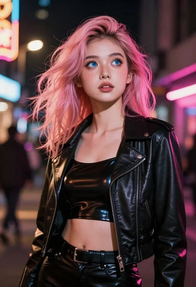 Young woman in leather jacket against neon city lights