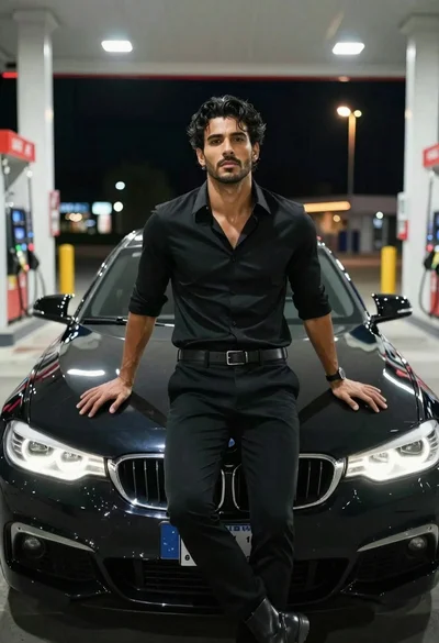Handsome man in black shirt standing on car hood at night