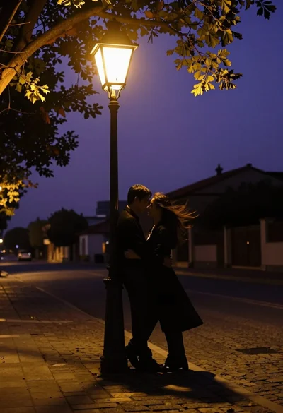 Romantic silhouette of couple embracing under glowing streetlamp at twilight