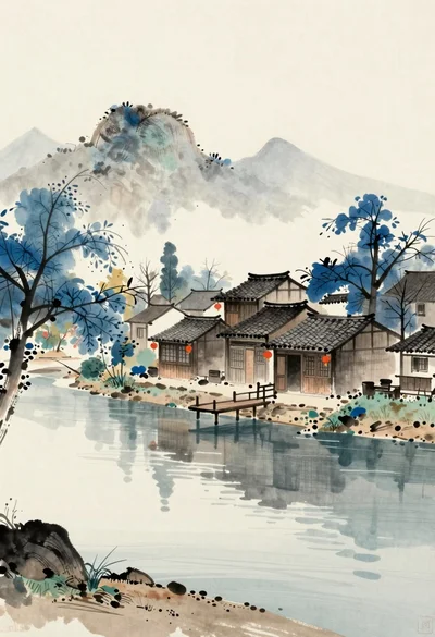 Watercolor landscape of traditional riverside village with blue trees