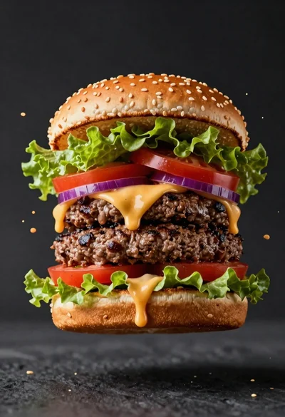 Hyperrealistic close up of a double patty burger mid air