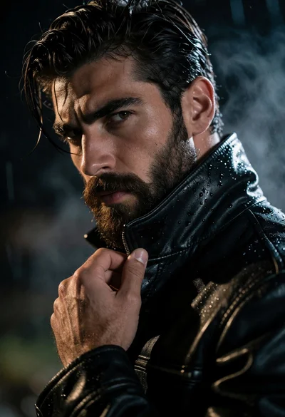 Close up portrait of rugged man in wet leather jacket under dramatic