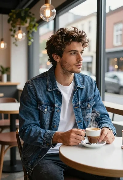 Young man in cafe looking out at city view