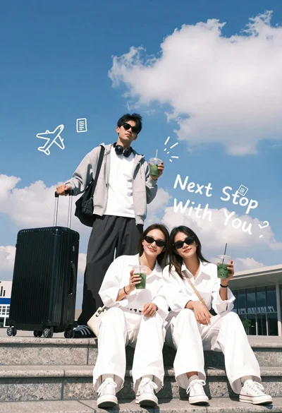 Young couple posing in two stances against a bright blue sky with