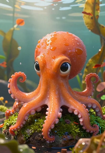 Cartoon octopus portrait on mossy rock in shallow water