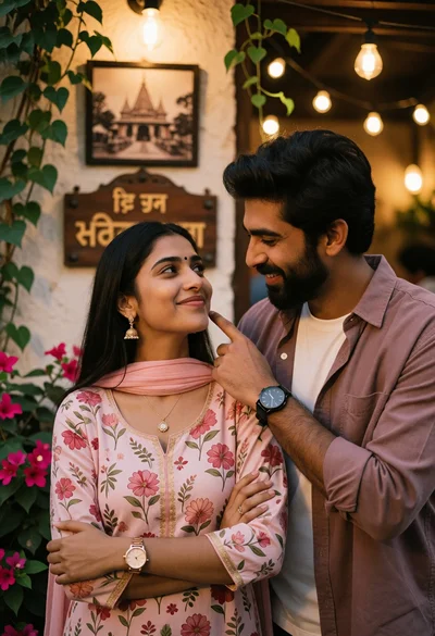 Playful couple sharing moment outside warmly lit establishment with string lights