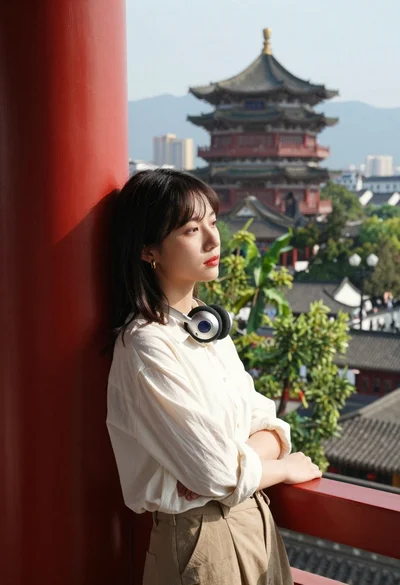 East asian woman resting head on vermilion pillar
