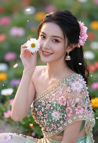 Young woman in pink floral gown holding white daisy in garden