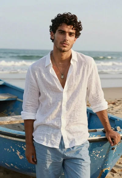Handsome young man in white linen shirt standing by boat on beach