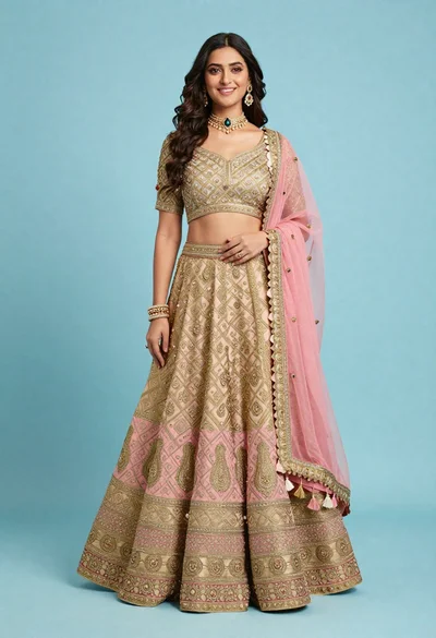 Full body portrait of smiling woman in embroidered indian lehenga choli