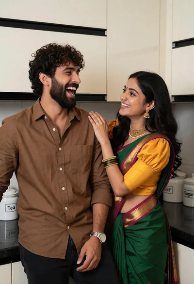 Joyful moment between couple in modern kitchen setting
