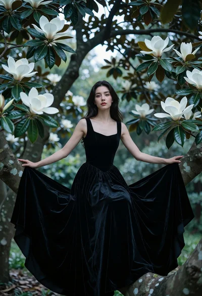 Woman in black velvet gown seated on tree branch among magnolia blossoms