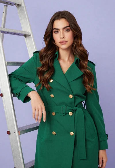 Confident woman in emerald green trench coat leaning against metal ladder in