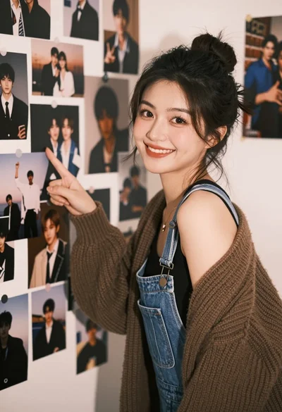 Young woman pointing at photo collage on wall in warm indoor setting