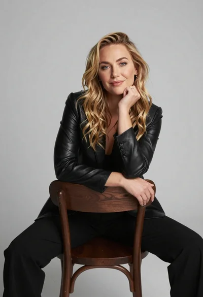 Fair blonde woman in black blazer sitting on chair in studio