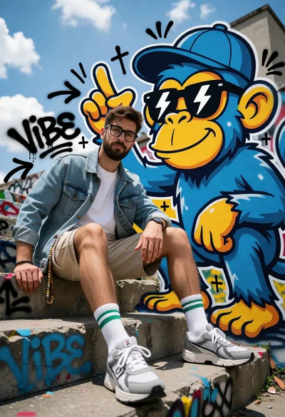 Young man sitting on concrete steps next to vibrant street art mural