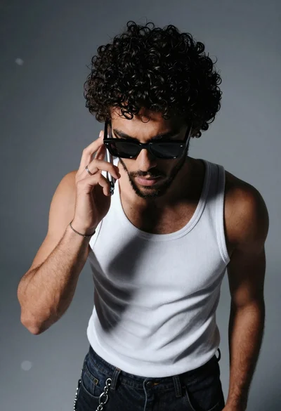 Young man with dark curly hair talking on a silver flip phone