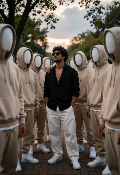 Man with curly hair surrounded by faceless figures on a brick walkway