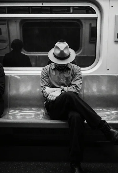 Man sitting alone on a subway seat in black and white