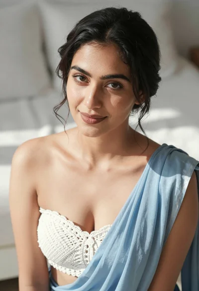 High angle portrait of woman in white crochet top indoors with sunlight