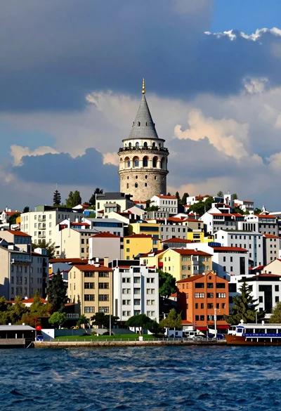 Galata tower rising above colorful waterfront buildings under dramatic blue sky