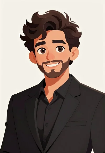 Digital illustration portrait of young man in black suit jacket against neutral