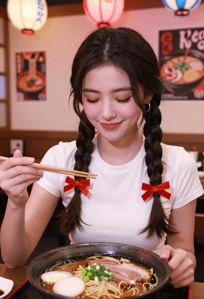 Young woman with braids smiling while holding chopsticks over ramen bowl