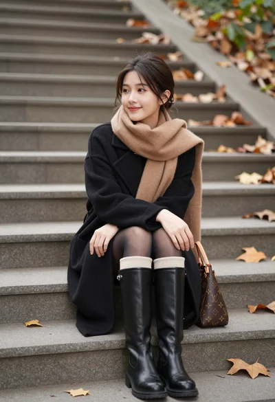 Young woman sitting on stone steps surrounded by autumn leaves and greenery