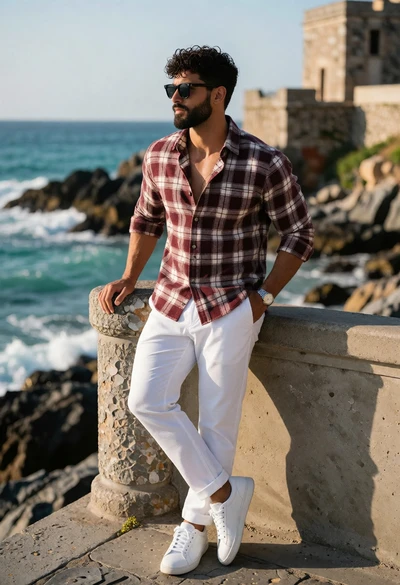 Fit man leaning against railing overlooking turquoise ocean and rocky coastline