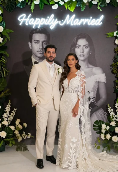 Bride and groom in wedding attire standing before large portrait wall