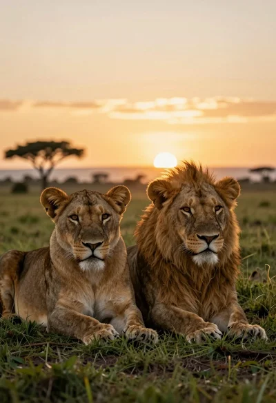 Two majestic lionesses resting side by side in grassy savanna at sunset