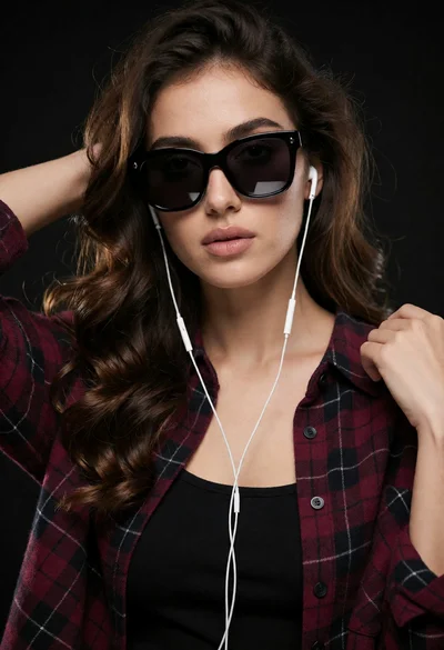 Stylish woman with brown wavy hair wearing black sunglasses studio portrait
