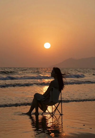 Woman silhouette sitting in shallow ocean water at sunset