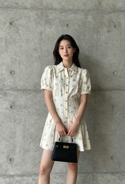 Woman in floral mini dress standing against textured grey concrete wall