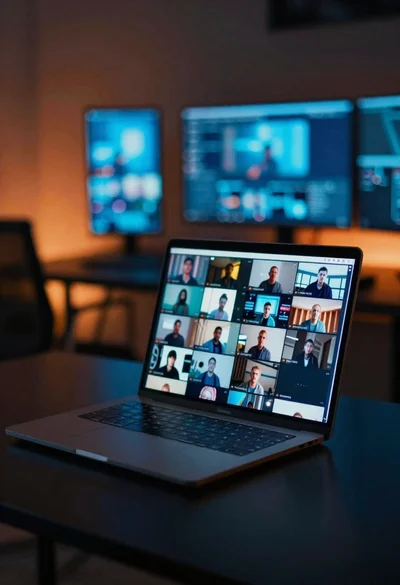 Laptop displaying video thumbnails against blue lit monitors
