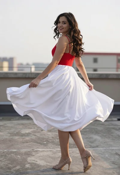 Young woman in twotoned dress on rooftop looking back over shoulder