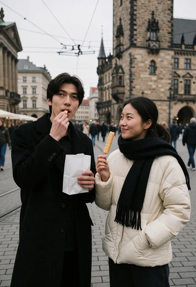 Candid street photograph of couple eating snacks near historic stone buildings