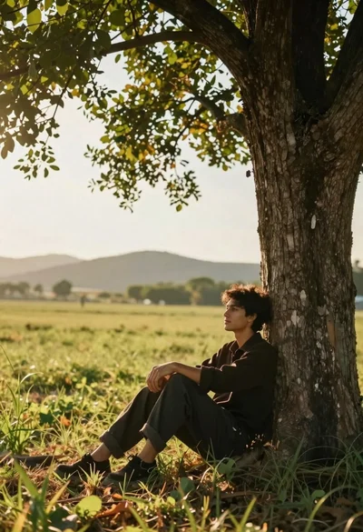 Young man sitting at base of large tree in sunlit field