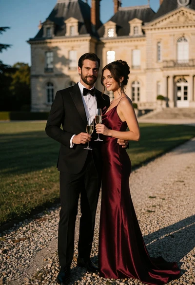 Intimate couple posing on gravel path before grand stone chateau at golden