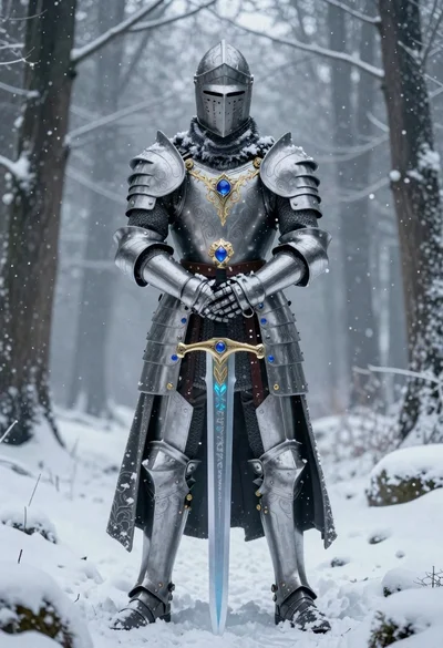 Knight in silver armor holding sword in snowy forest