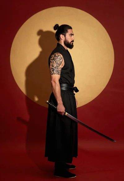 Muscular bearded man with top knot holding katana in profile against red
