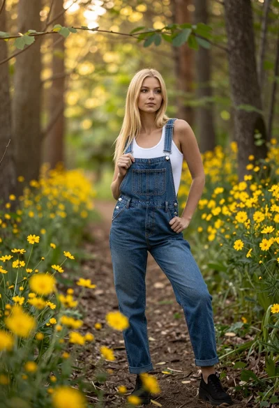 Blonde woman in denim overalls on a sunny forest path with wildflowers
