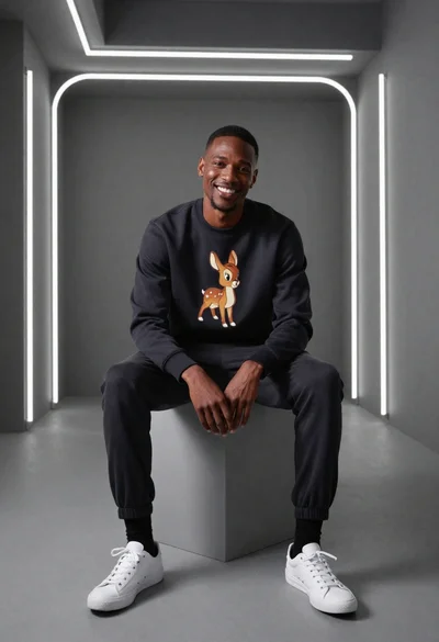 Smiling man in studio against neon light backdrop